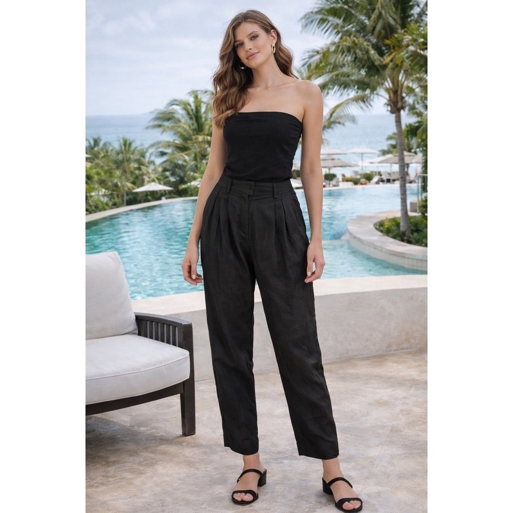 HM Black Linen Blend High Waisted Pleated‎ Tapered Trousers Pants Womens Size 4